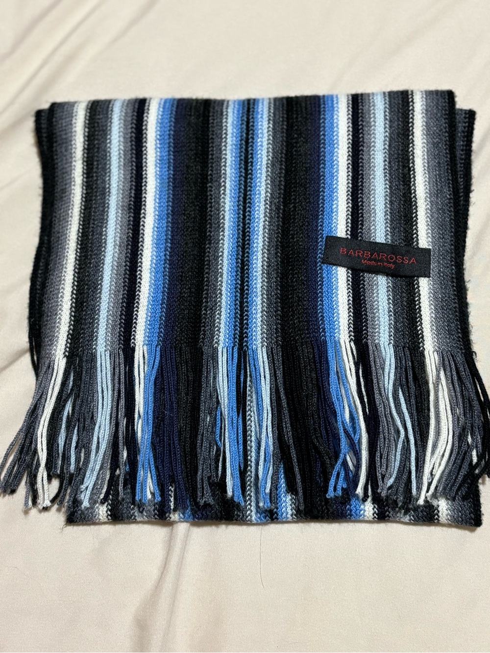 Men’s Unisex Barbarossa Made in Italy Striped Knit Scarf Blues Greys Black Cream
